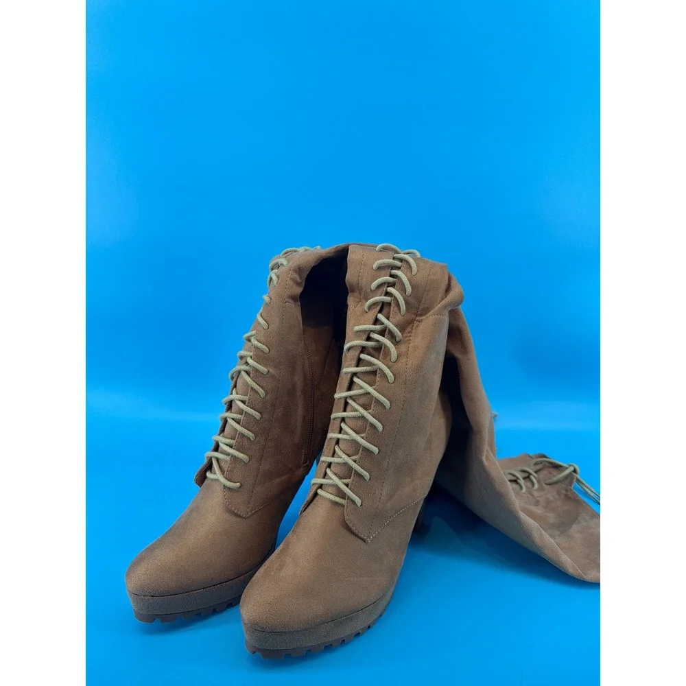 Remi Tan Faux Suede Lace Up Over The Knee Platform Boots Mens 11 Womens 13